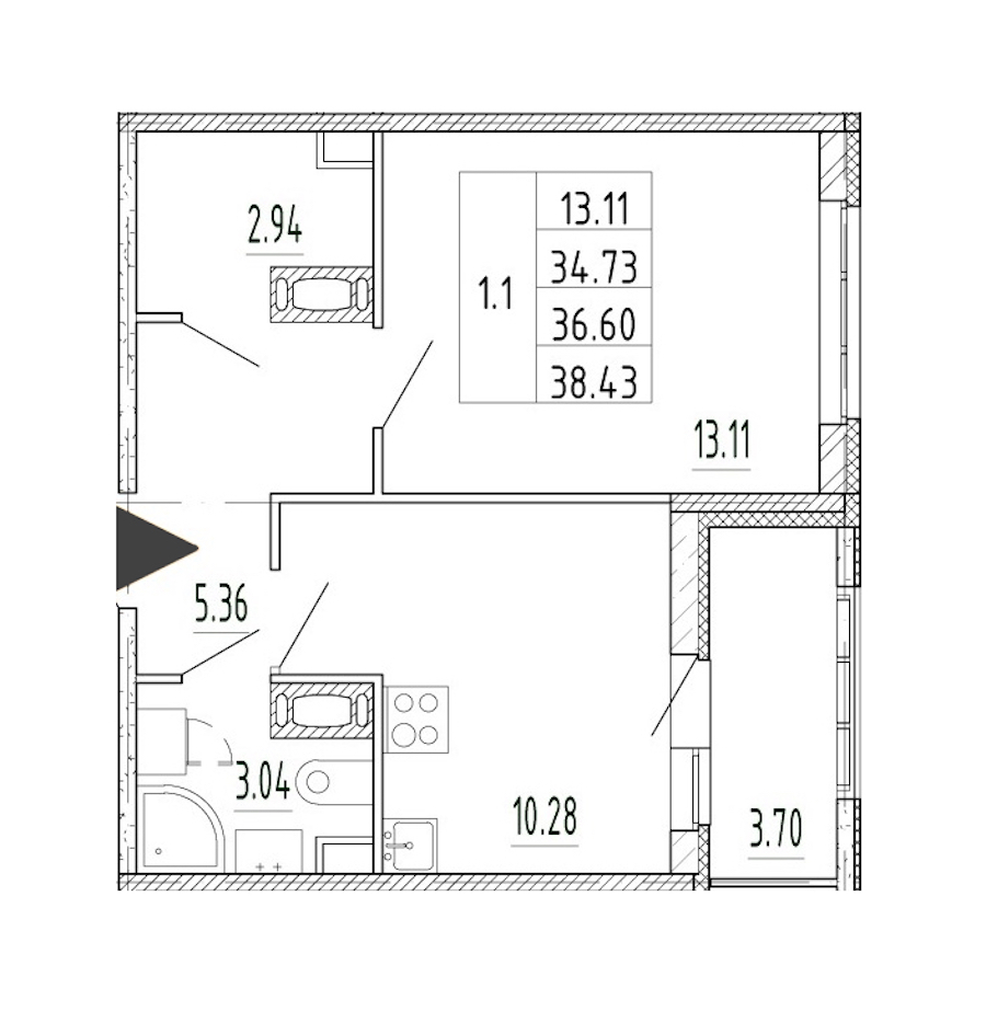 1-комнатная квартира 34.73 м², 13/13 эт., ЖК «Полис Приморский 2»